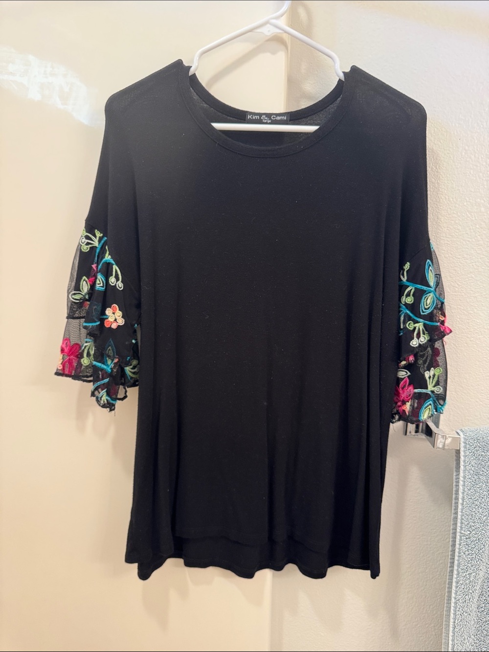 Kim & Cami Black Tee with Colorful Embroidered Mesh Sleeves